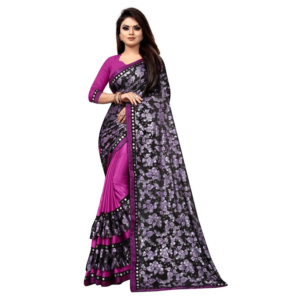 Women's Lycra Blend Saree With Blouse (Purple, 5-6 Mtrs)