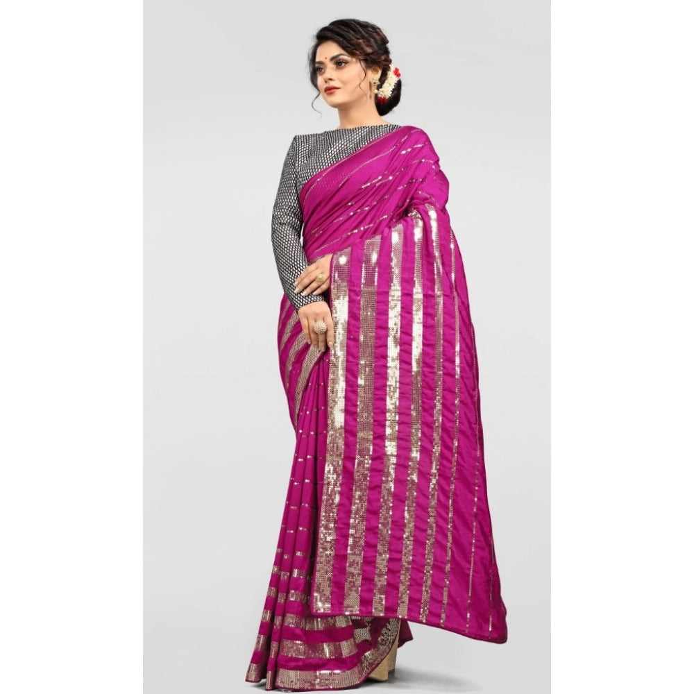 Women's Vichitra Saree With Blouse (Pink, 5-6 Mtrs)
