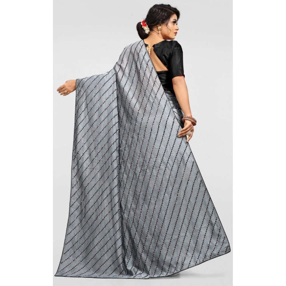 Women's Vichitra Saree With Blouse (Grey, 5-6 Mtrs)