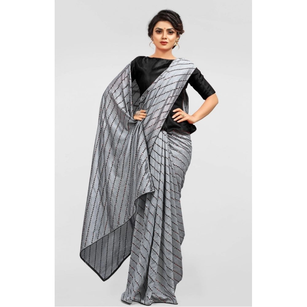 Women's Vichitra Saree With Blouse (Grey, 5-6 Mtrs)