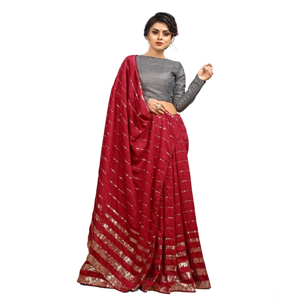 Women's Vichitra Saree With Blouse (Red, 5-6 Mtrs)