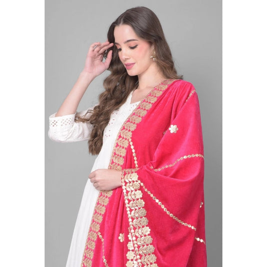 Generic Women's Velvet Gotta Patti Dupatta (Pink, Length: 2.25 to 2.50 Mtr)