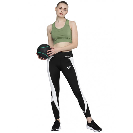 Women's Polyester Solid Sport Leggings (Black & White)