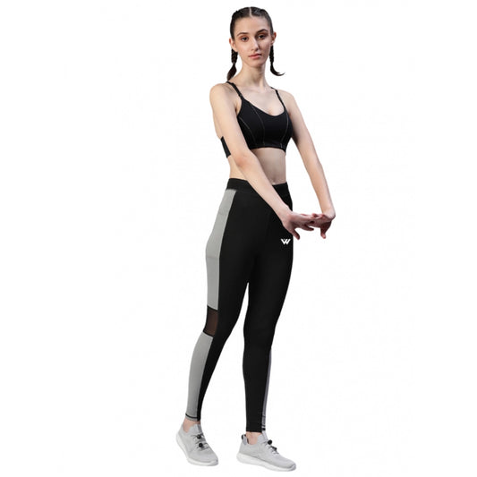 Women's Polyester Solid Sport Leggings (Black & Grey)