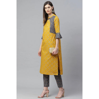 Women's Casual Bell Sleeves Geomatrical Printed Cotton Kurti Set (Yellow) - POPNOVA