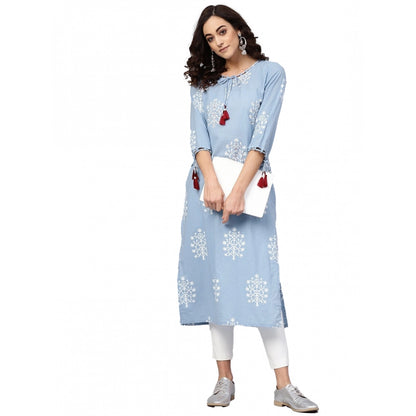 Generic Women's Casual 3/4 th Sleeve Embroidery Cambric Cotton Kurti (Blue) - Women's Kurti | POPNOVA