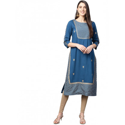 Generic Women's Casual 3/4 th Sleeve Floral Printed Rayon Kurti (Blue) - Women's Kurti | POPNOVA