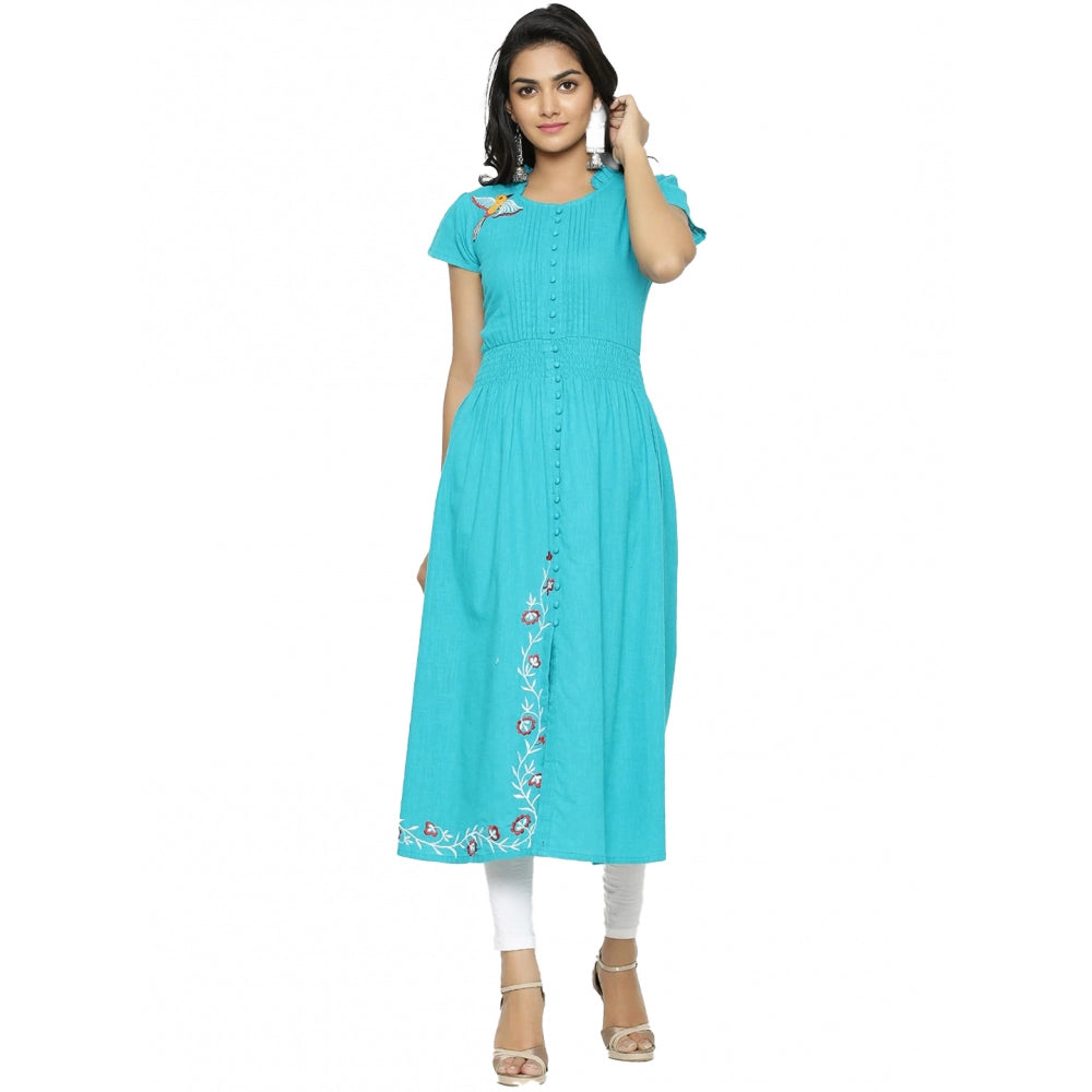 Generic Women's Casual Short Sleeve Embroidery Cotton Slub Kurti (Torque Green) - Women's Kurti | POPNOVA
