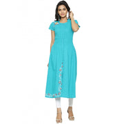 Generic Women's Casual Short Sleeve Embroidery Cotton Slub Kurti (Torque Green) - Women's Kurti | POPNOVA