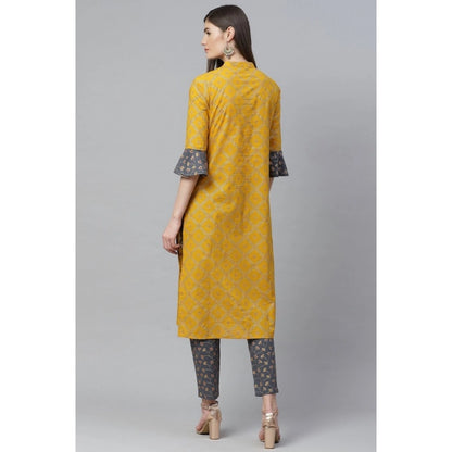 Women's Casual Bell Sleeves Geomatrical Printed Cotton Kurti Set (Yellow) - POPNOVA