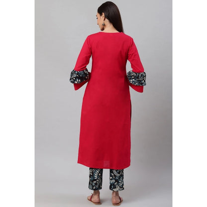 Women's Casual Bell Sleeves Floral Printed Cotton Kurti Set (Rani Pink) - POPNOVA