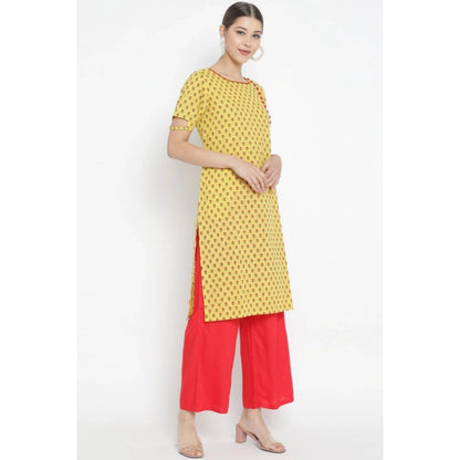 Women's Casual Short Sleeves Floral Printed Cotton & Rayon Kurti Palazzo Set (Yellow & Red) - POPNOVA
