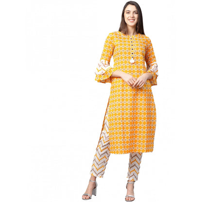 Women's Casual 3/4 th Sleeve Floral Printed Cotton Kurti Set (Mustard) - POPNOVA