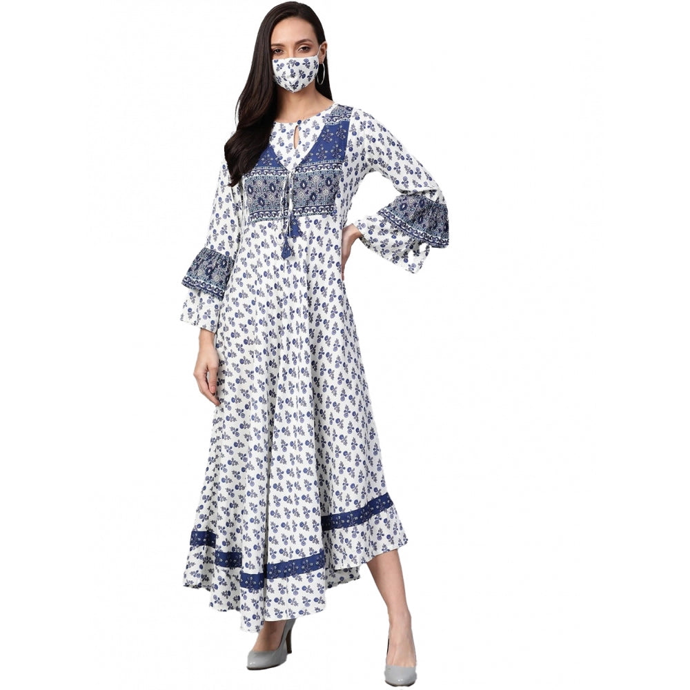 Generic Women's Casual Bell Sleeve Floral Printed Rayon Dress (White &amp; Blue) - Women's Dress | POPNOVA