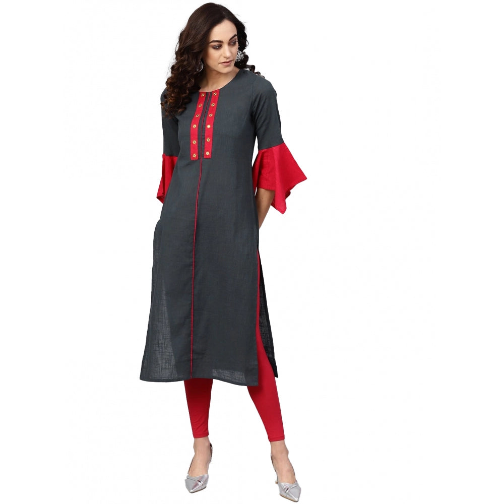 Women's Casual Bell Sleeves Mirror Work Cotton Slub Kurti - Grey