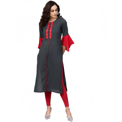 Generic Women's Casual Bell Sleeves Mirror Work Cotton Slub Kurti (Grey) - Women's Kurti | POPNOVA