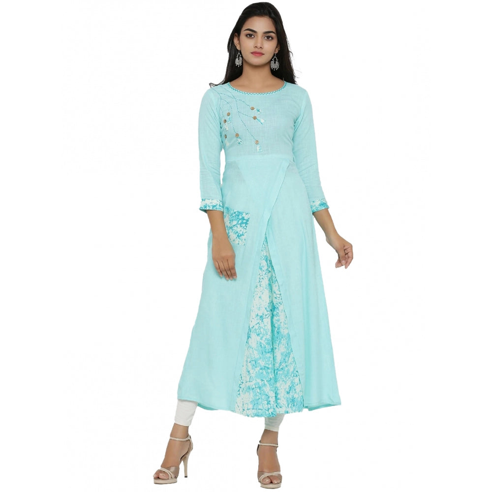 Generic Women's Casual 3/4 th Sleeve Embroidery Rayon Kurti (Sky Blue) - Women's Kurti | POPNOVA