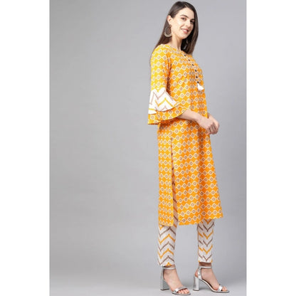 Women's Casual 3/4 th Sleeve Floral Printed Cotton Kurti Set (Mustard) - POPNOVA