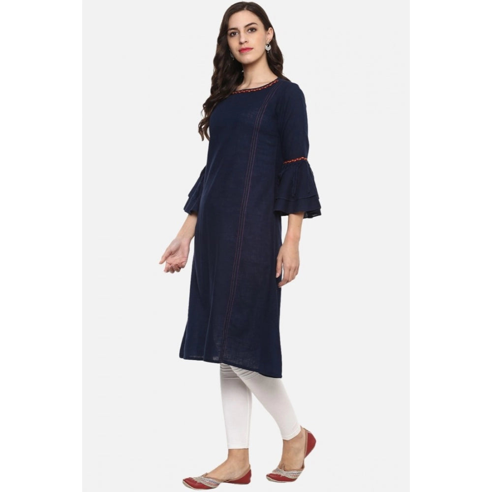 Women's Casual Bell Sleeves Solid Cotton Slub Kurti - Blue
