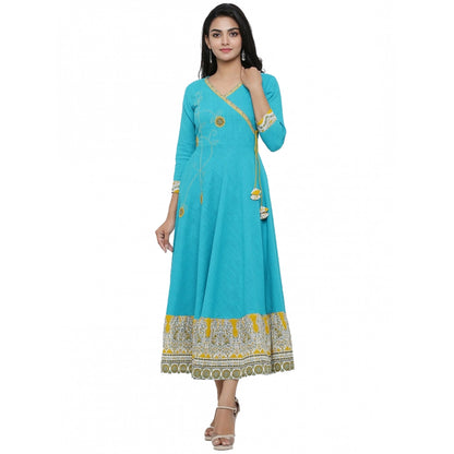 Generic Women's Casual 3/4 th Sleeve Embroidery Cotton Blend Kurti (Torque Green) - Women's Kurti | POPNOVA