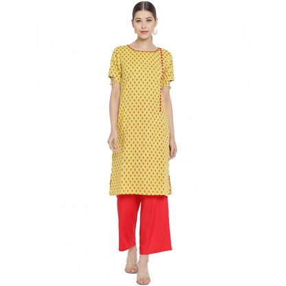 Women's Casual Short Sleeves Floral Printed Cotton & Rayon Kurti Palazzo Set (Yellow & Red) - POPNOVA