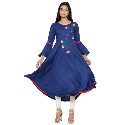 Generic Women's Casual Bell Sleeves Embroidery Rayon Kurti (Blue) - Women's Kurti | POPNOVA
