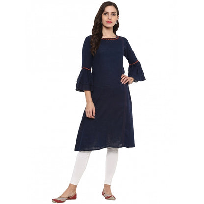 Generic Women's Casual Bell Sleeves Solid Cotton Slub Kurti (Blue) - Women's Kurti | POPNOVA