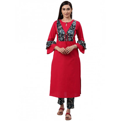 Women's Casual Bell Sleeves Floral Printed Cotton Kurti Set (Rani Pink) - POPNOVA
