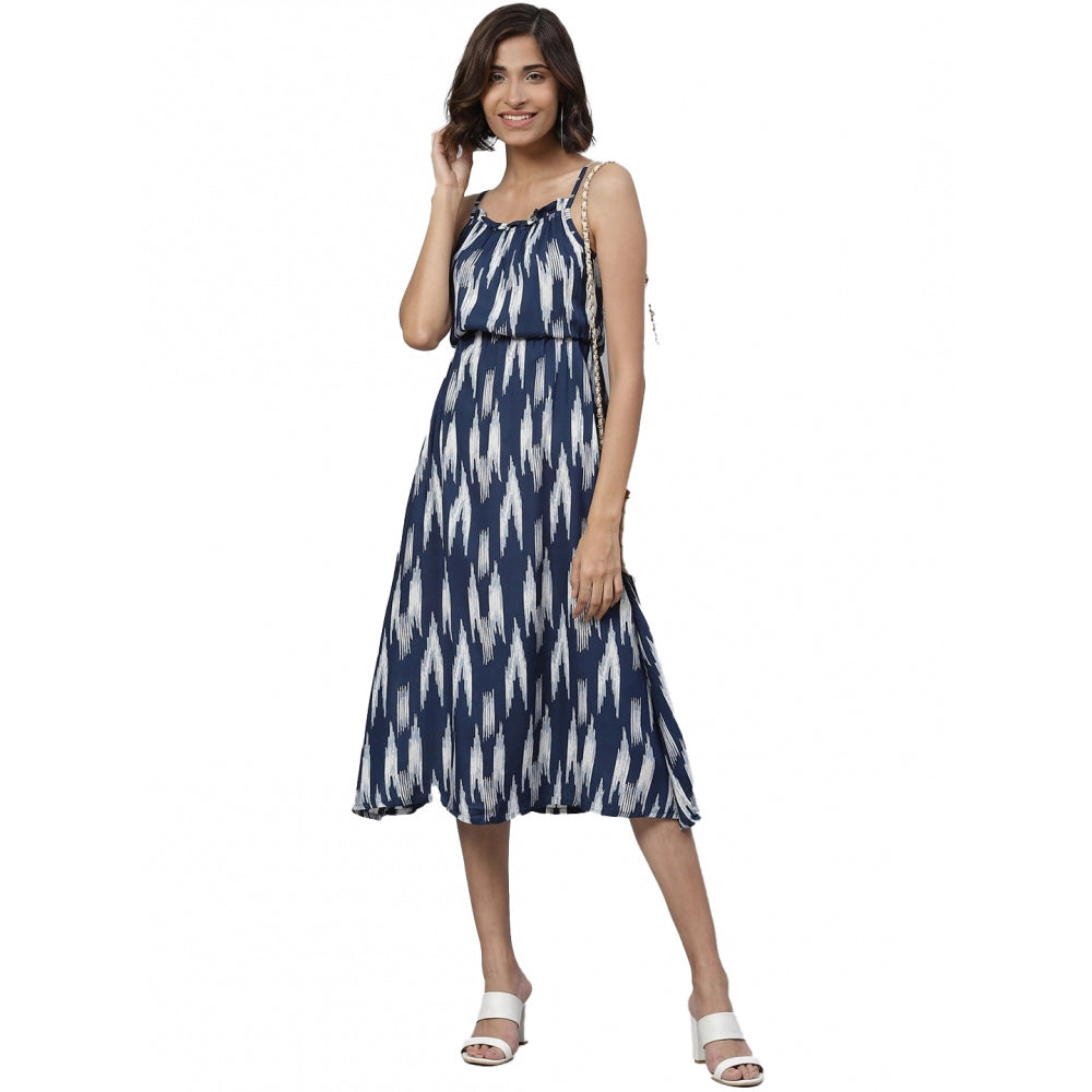 Generic Women's Casual Sleeveless Ikat Print Rayon Dress (Blue) - Women's Dress | POPNOVA