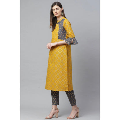 Women's Casual Bell Sleeves Geomatrical Printed Cotton Kurti Set (Yellow) - POPNOVA