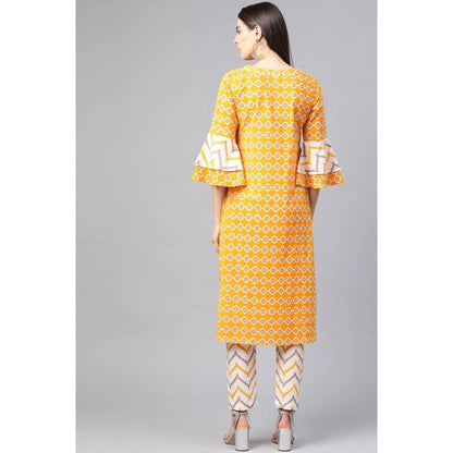 Women's Casual 3/4 th Sleeve Floral Printed Cotton Kurti Set (Mustard) - POPNOVA