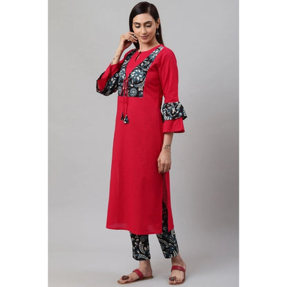 Women's Casual Bell Sleeves Floral Printed Cotton Kurti Set (Rani Pink) - POPNOVA