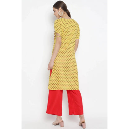 Women's Casual Short Sleeves Floral Printed Cotton & Rayon Kurti Palazzo Set (Yellow & Red) - POPNOVA