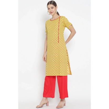 Women's Casual Short Sleeves Floral Printed Cotton & Rayon Kurti Palazzo Set (Yellow & Red) - POPNOVA