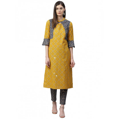 Women's Casual Bell Sleeves Geomatrical Printed Cotton Kurti Set (Yellow) - POPNOVA