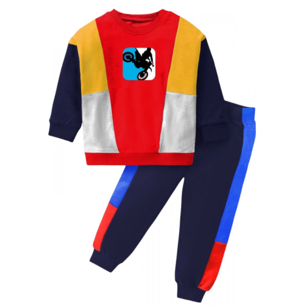 Boy's Casual Full Sleeve Printed Cotton T-Shirt With Pant - Red