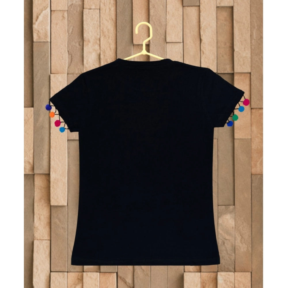 Girl's Casual Short Sleeve Printed Cotton T-Shirt - Black