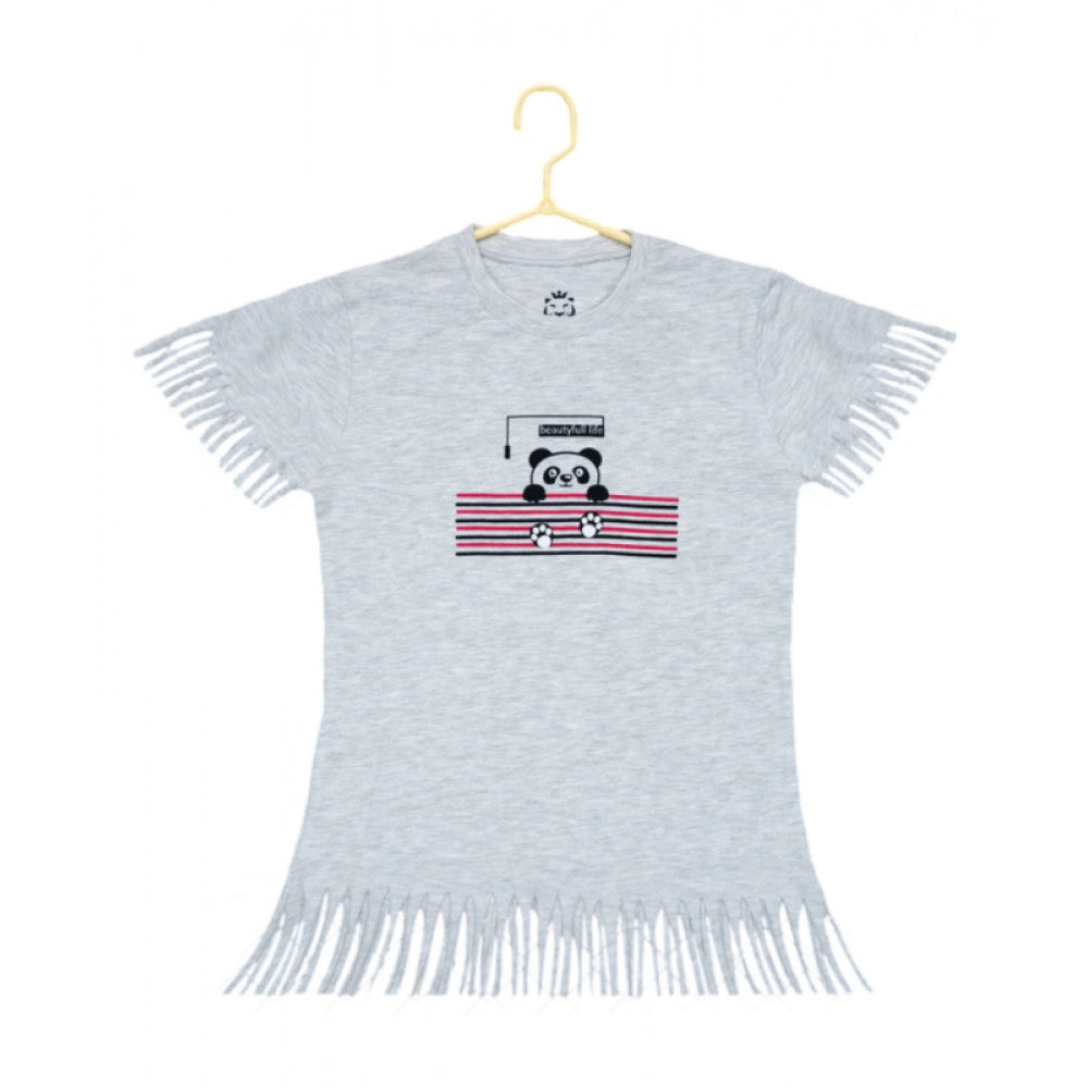Girl's Casual Short Sleeve Printed Cotton T-Shirt - Grey