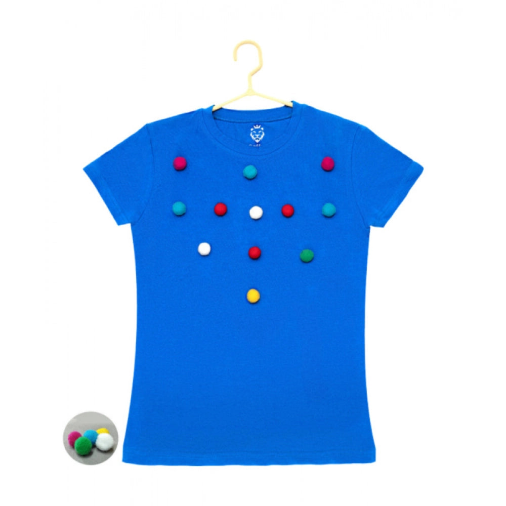 Girl's Casual Short Sleeve Pom Pom Balls Cotton T-Shirt - Royal Blue