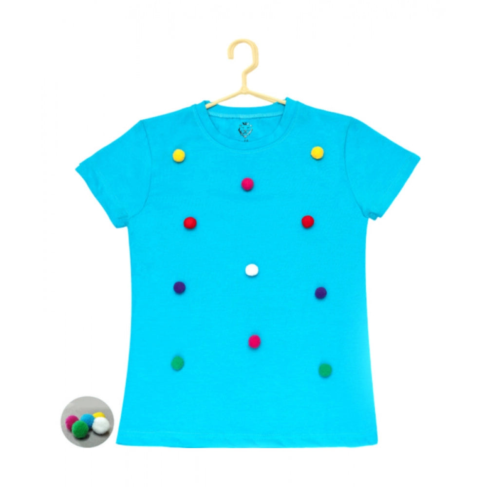 Girl's Casual Short Sleeve Pom Pom Balls Cotton T-Shirt - Blue