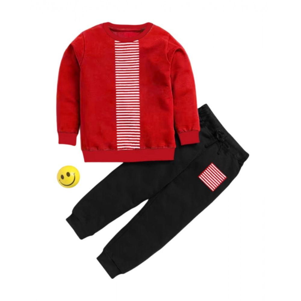 Boy's Casual Full Sleeve Printed Cotton T-Shirt With Pant - Red