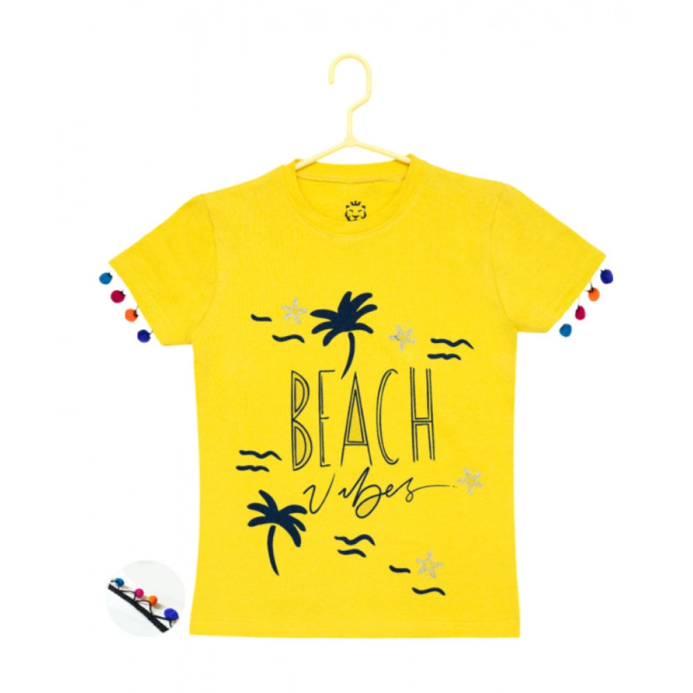 Girl's Casual Short Sleeve Printed Cotton T-Shirt - Yellow