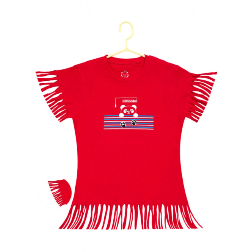 Girl's Casual Short Sleeve Printed Cotton T-Shirt - Red