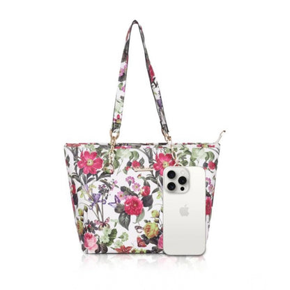 Women's Faux Leather Printed Tote Bag (White Pink) - POPNOVA