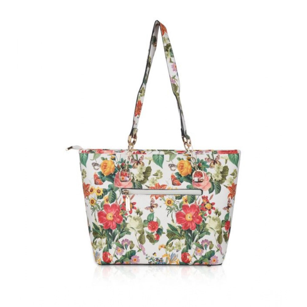 Women's Faux Leather Printed Tote Bag (White Orang) - POPNOVA