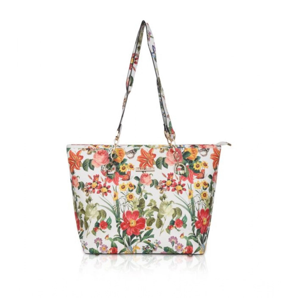 Women's Faux Leather Printed Tote Bag (White Orang) - POPNOVA
