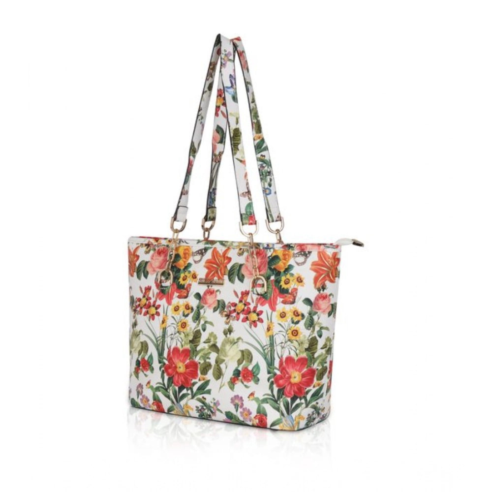 Women's Faux Leather Printed Tote Bag (White Orang) - POPNOVA