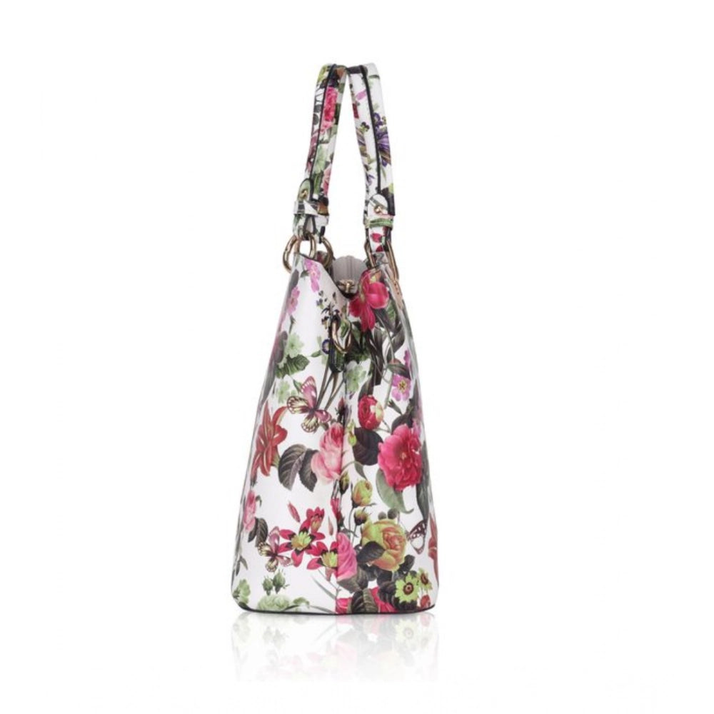 Women's Faux Leather Printed Handheld Bag (White Pink) - POPNOVA