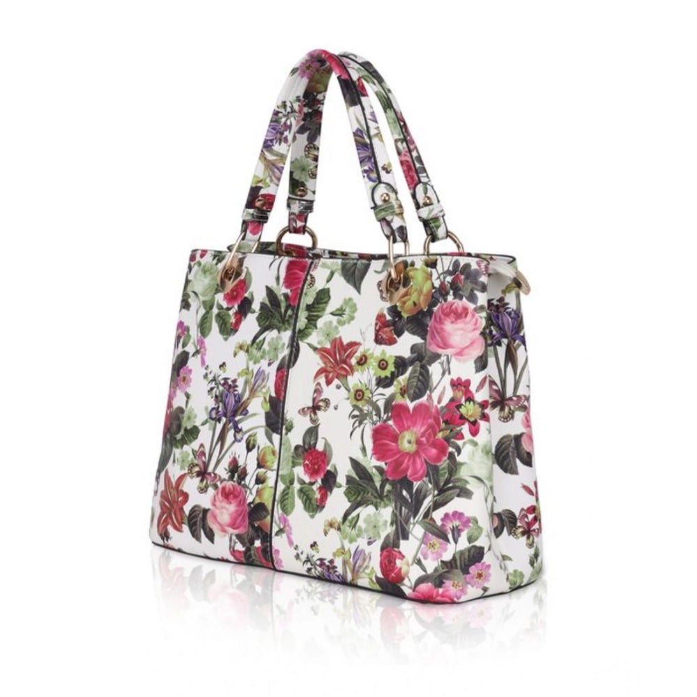 Women's Faux Leather Printed Handheld Bag (White Pink) - POPNOVA