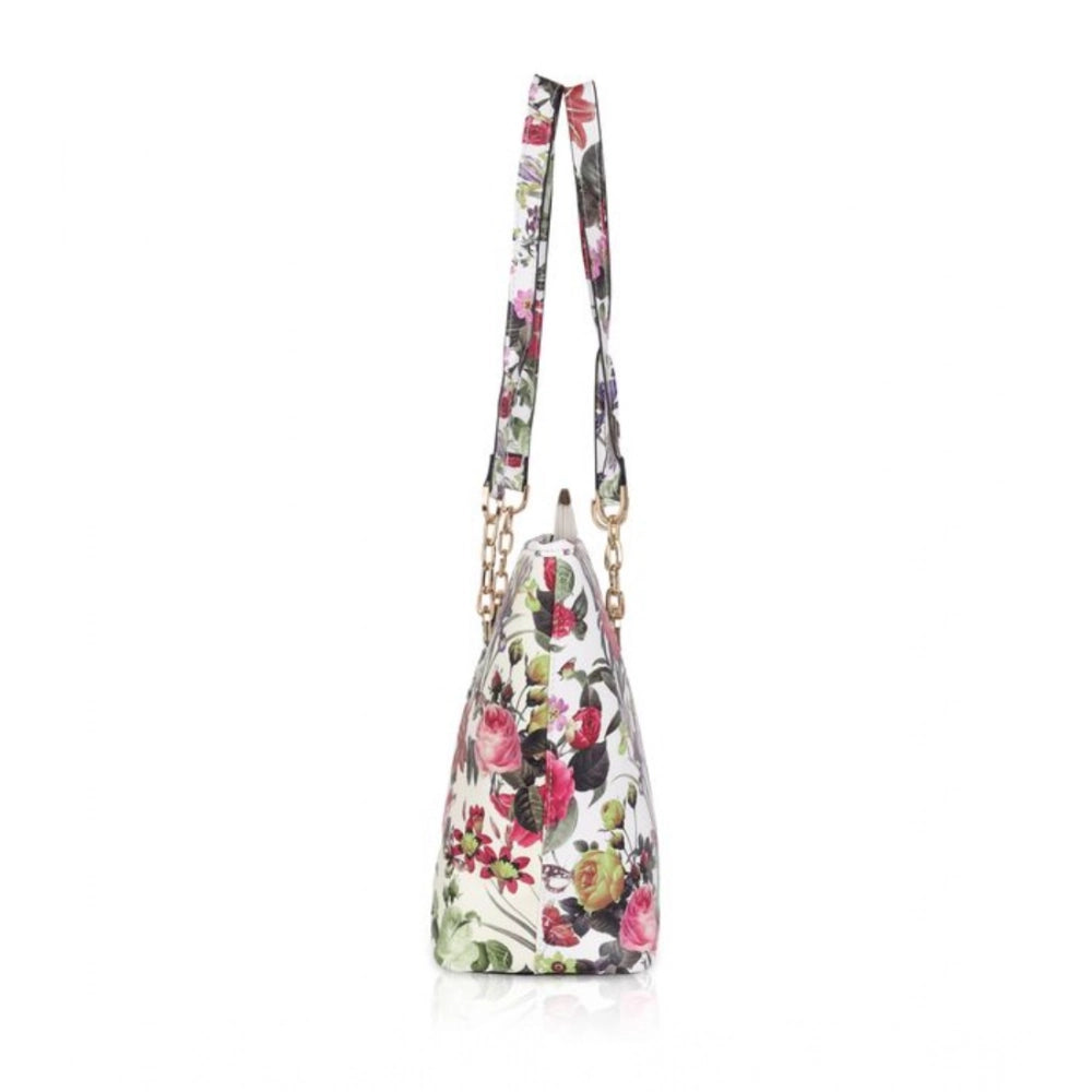 Women's Faux Leather Printed Tote Bag (White Pink) - POPNOVA
